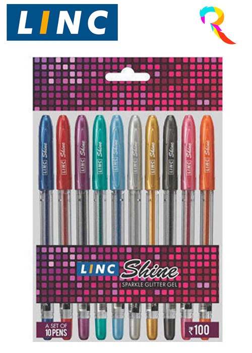 10 Linc Shine Sparkled GLITTER Gel Pens 0.7 mm FINE Tip 10 colours 